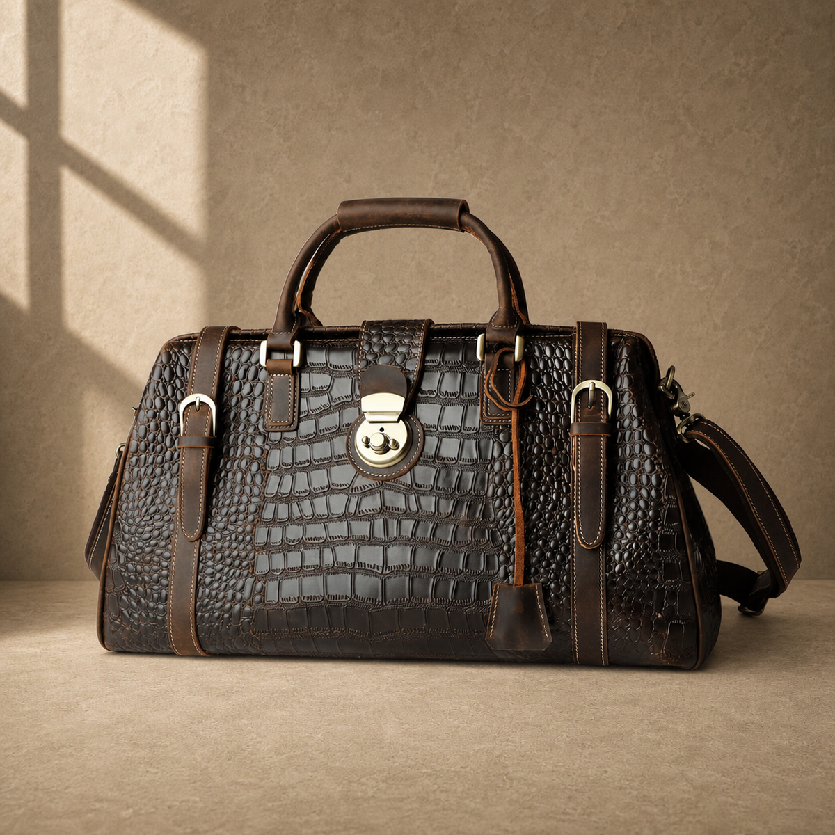 Coffee embossed weekender duffel studio view 3