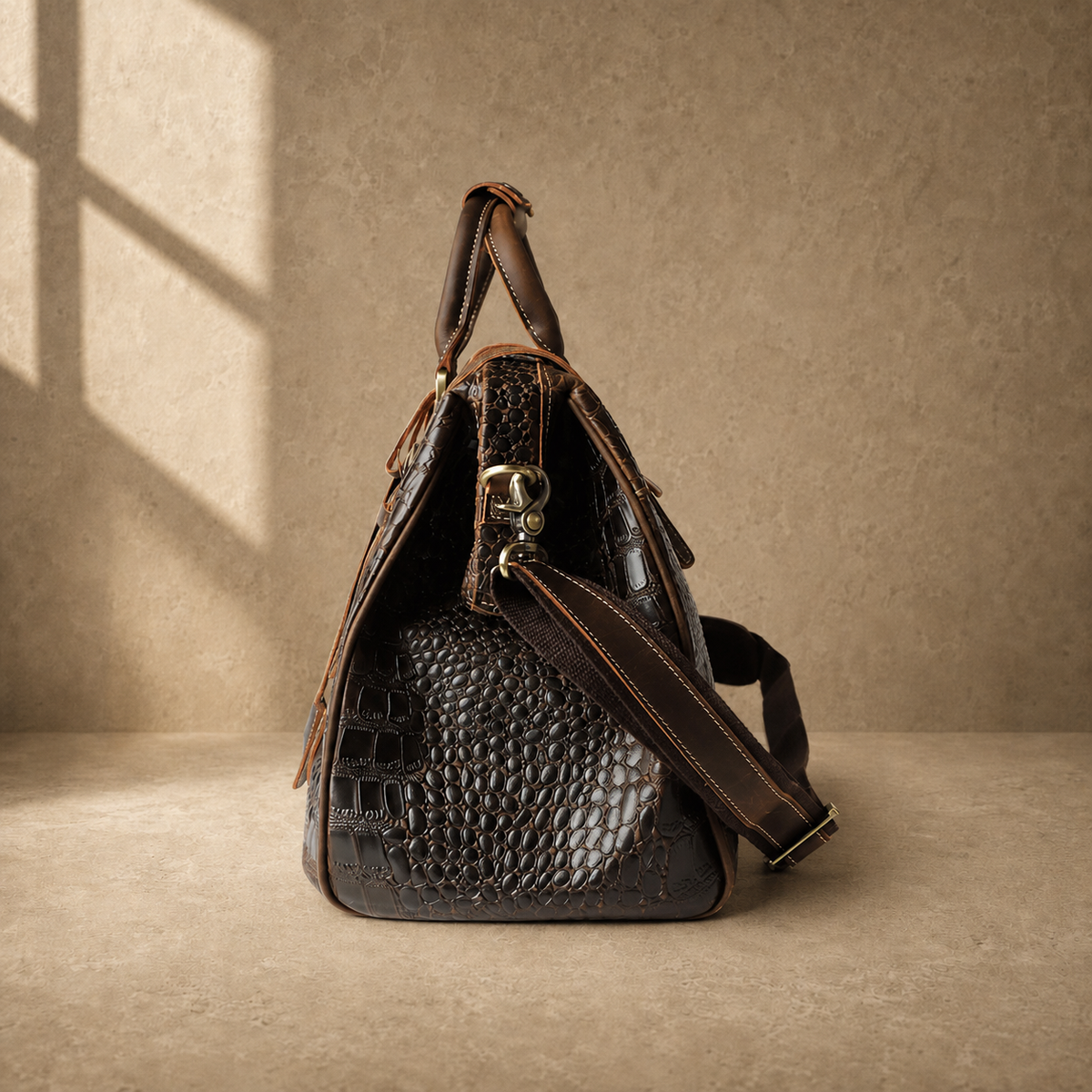Coffee embossed weekender duffel studio view 4