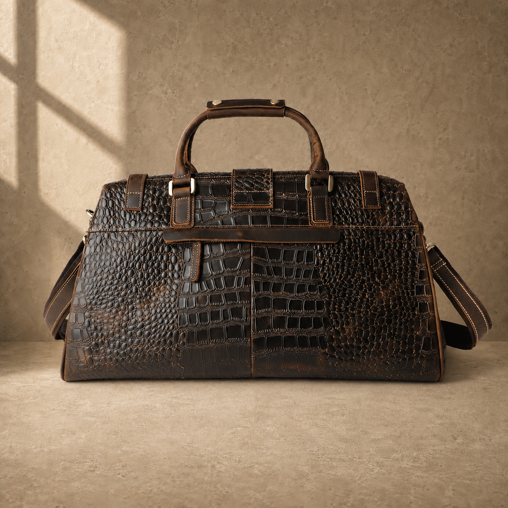 Coffee embossed weekender duffel studio view 5