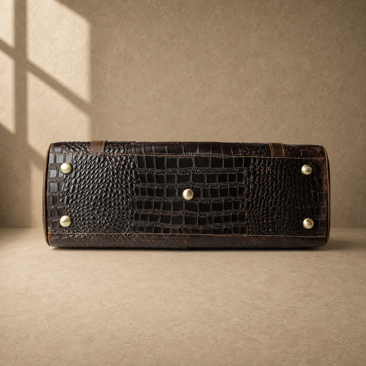 Coffee embossed weekender duffel studio view 6