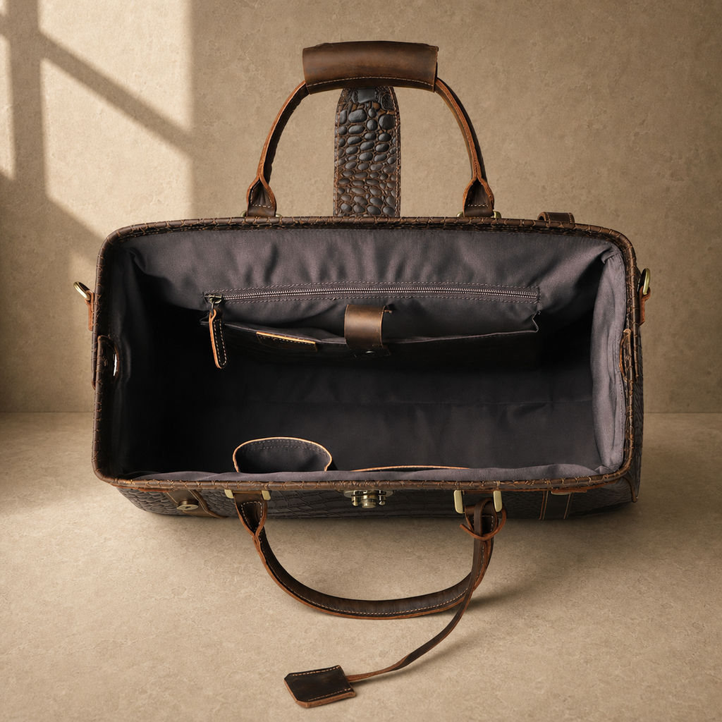 Coffee embossed weekender duffel interior view 1