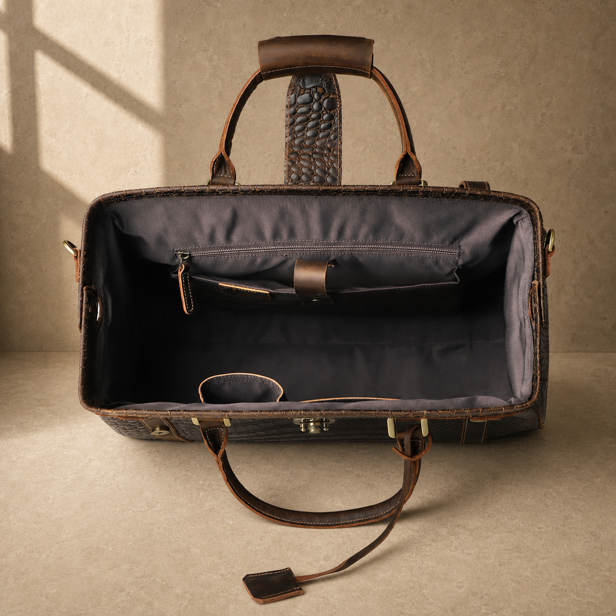 Coffee embossed weekender duffel interior view 1