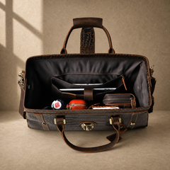 Coffee embossed weekender duffel interior view 2