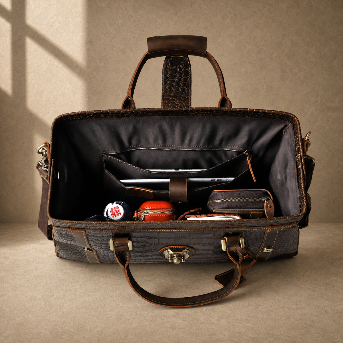 Coffee embossed weekender duffel interior view 2