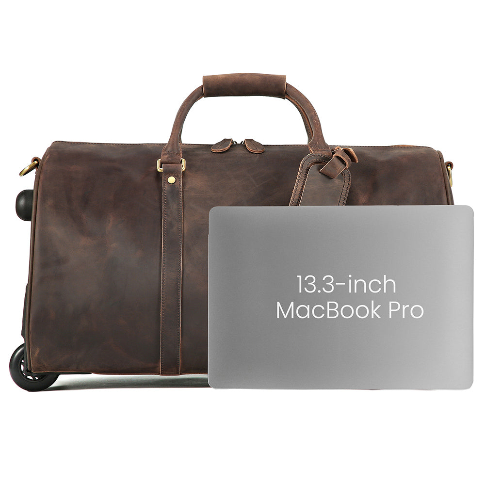Front product view of The Voyager Rolling Leather Weekender