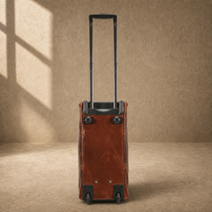 Rear base view of coffee rolling duffel with trolley handle extended