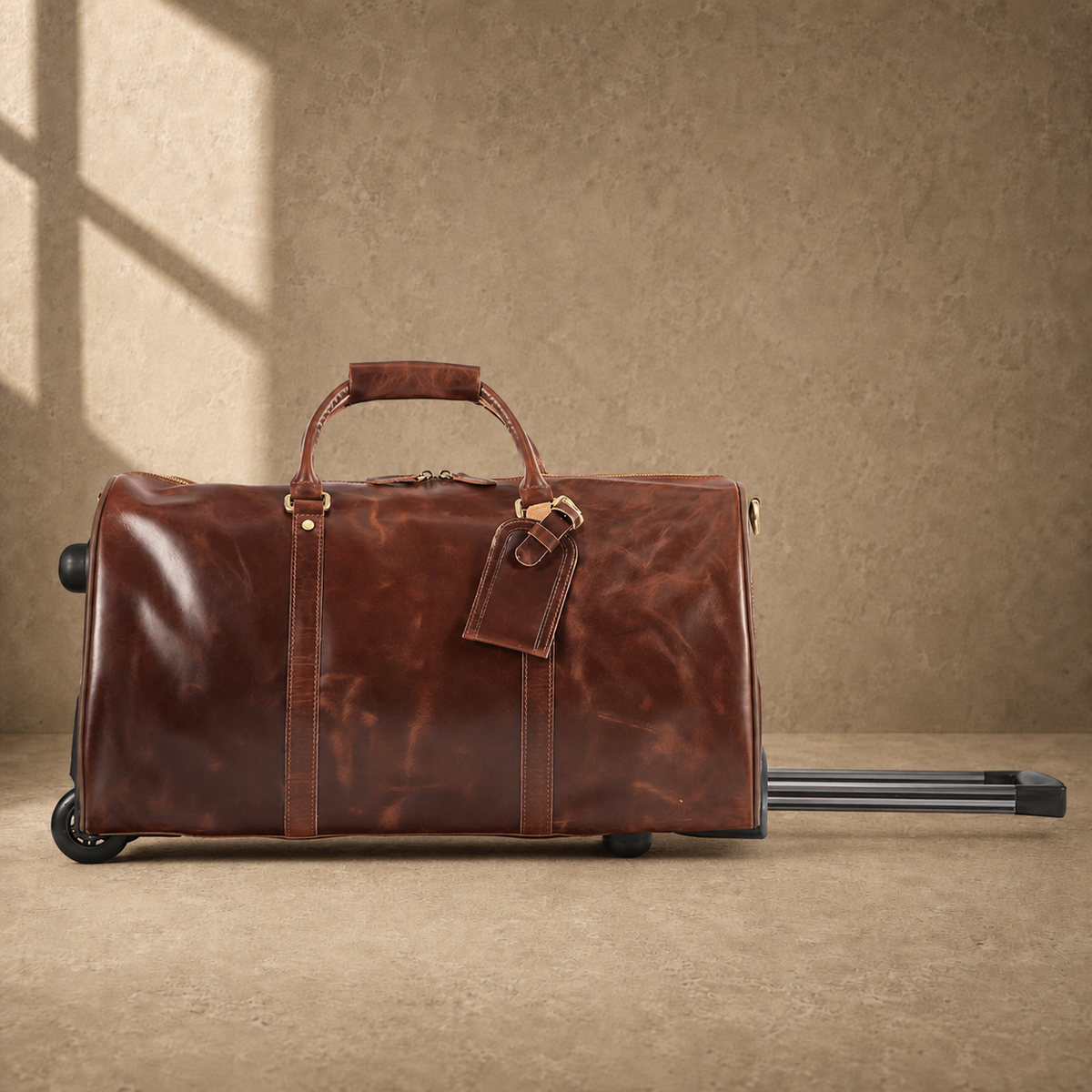 Coffee rolling travel duffel with telescoping trolley handle extended
