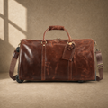 Coffee leather rolling travel duffel, front view with shoulder strap