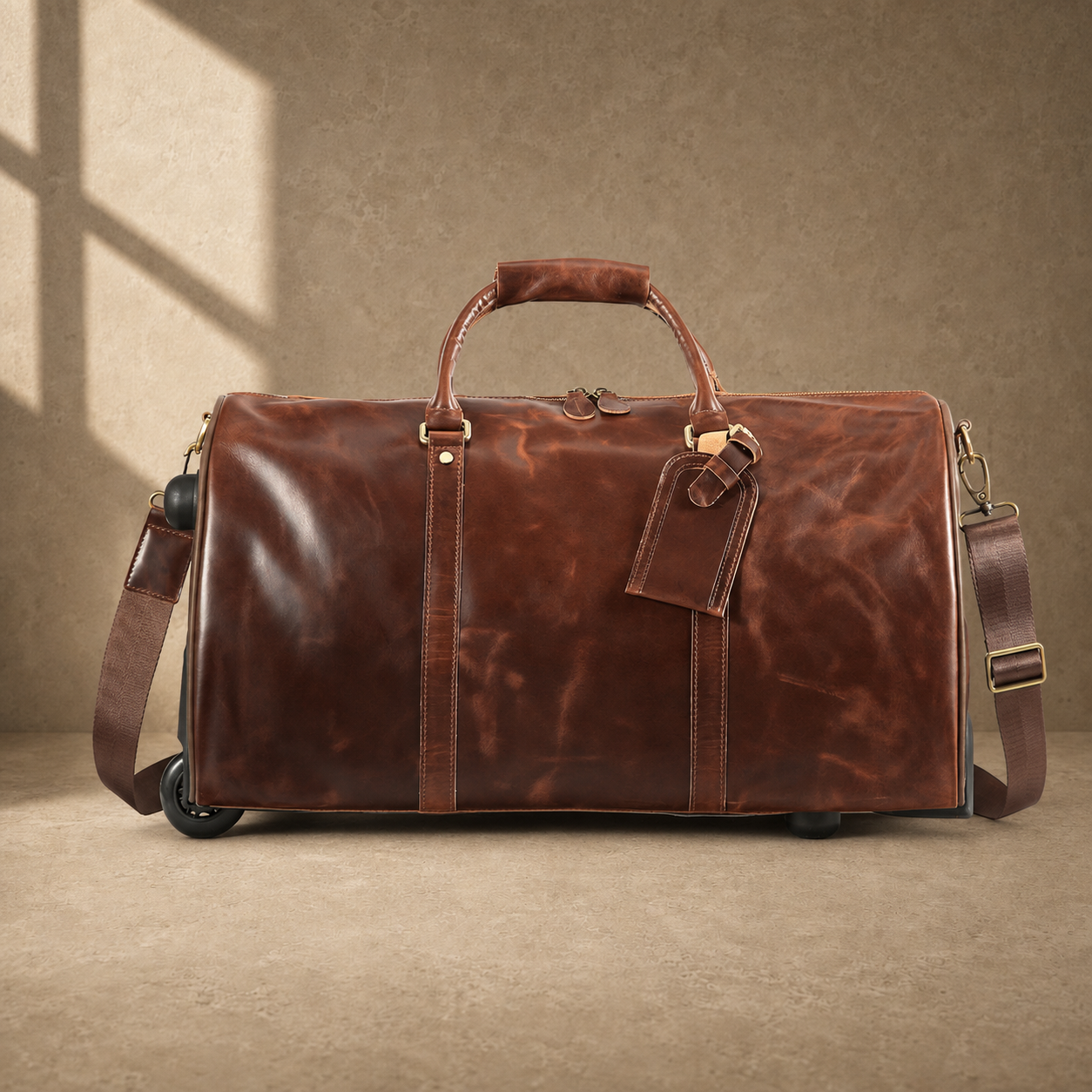 Coffee leather rolling travel duffel, front view with shoulder strap