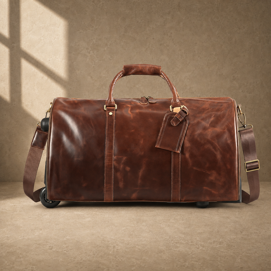 Coffee leather rolling travel duffel, front view with shoulder strap