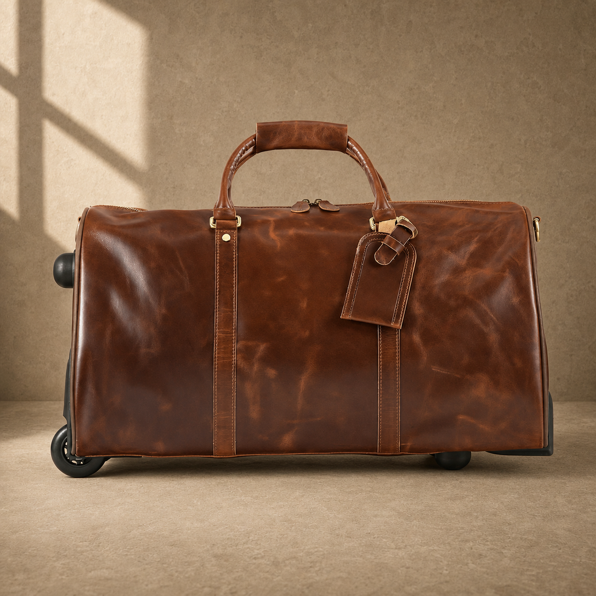 Coffee leather rolling weekender, clean front profile