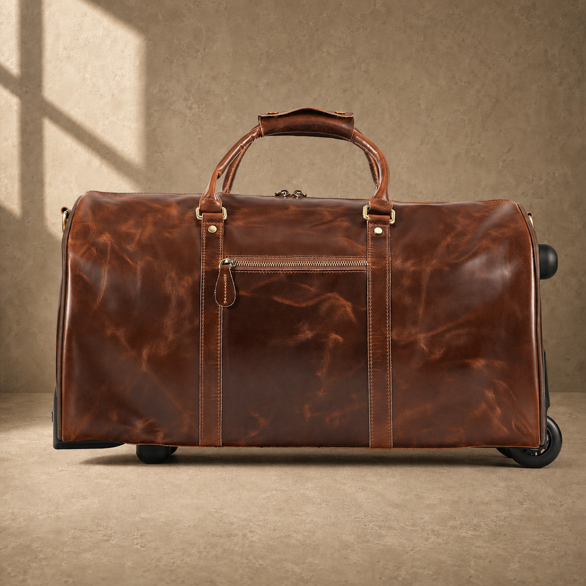 Coffee rolling travel duffel, rear view with exterior zip pocket