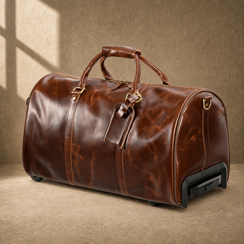 Coffee leather rolling duffel, clean three-quarter product view
