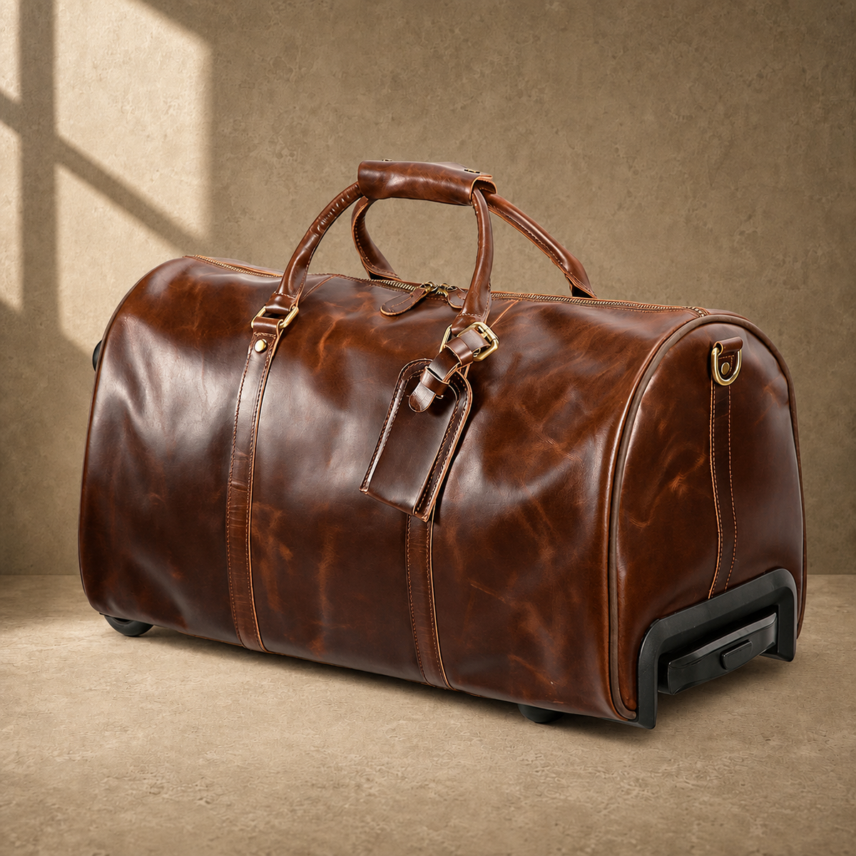 Coffee leather rolling duffel, clean three-quarter product view