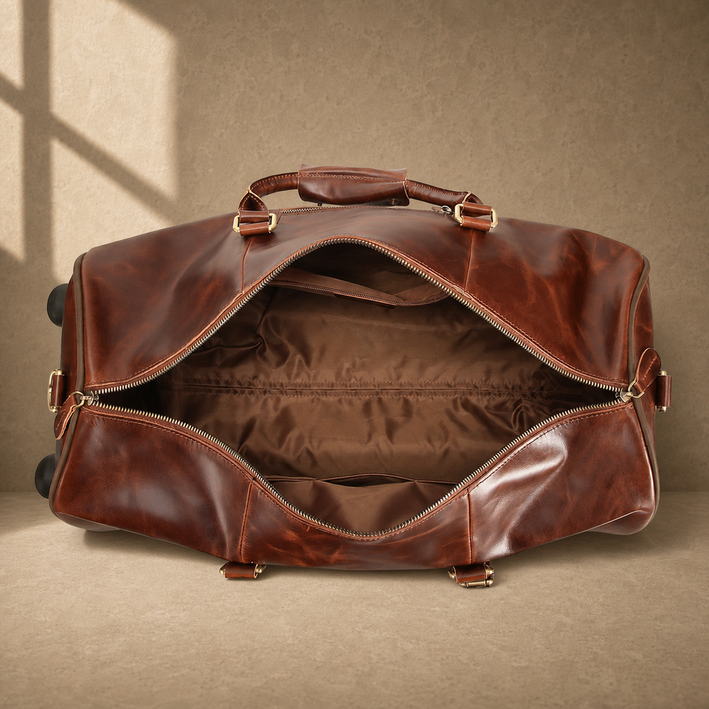 Open coffee leather rolling duffel showing empty lined interior