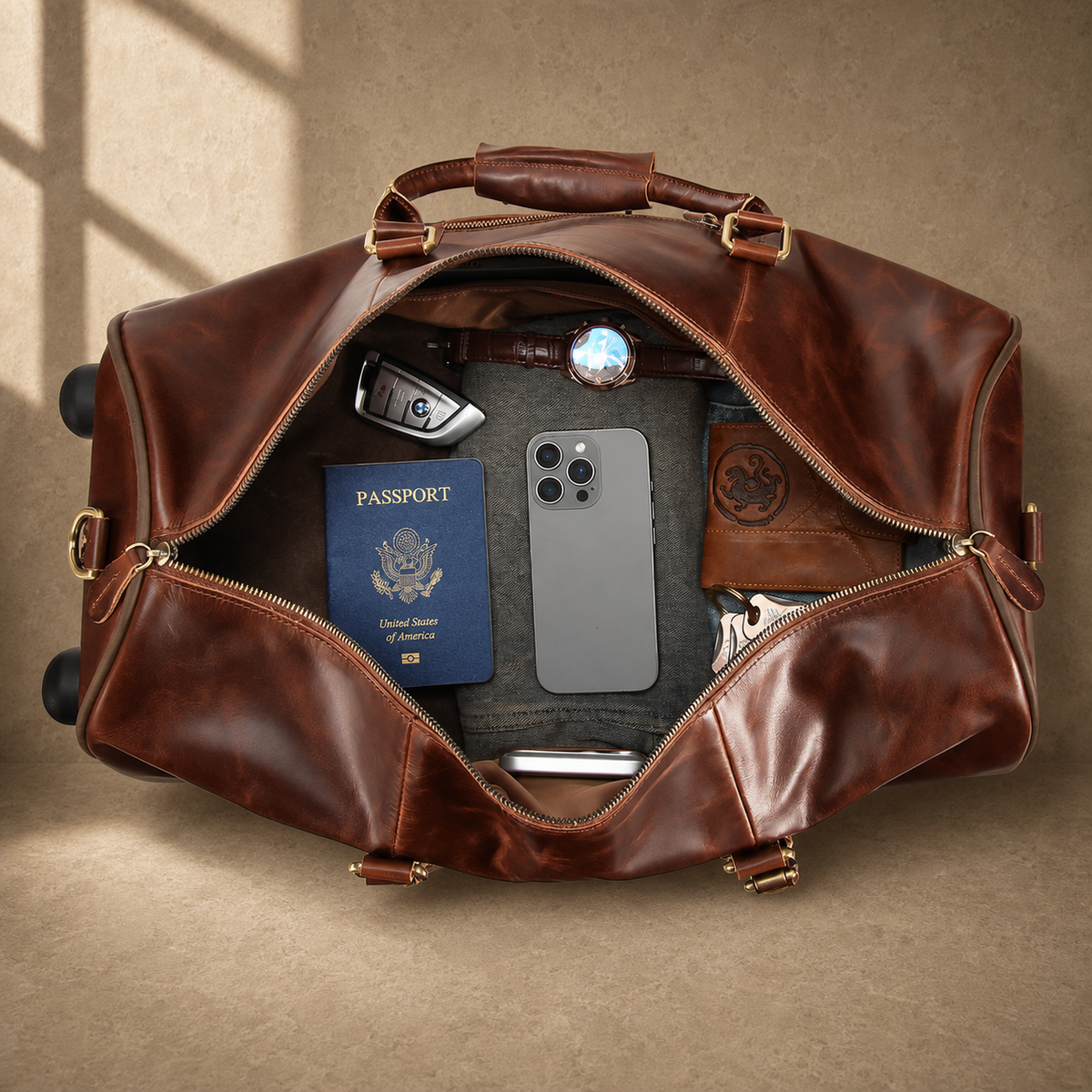 Packed coffee leather rolling duffel showing travel capacity