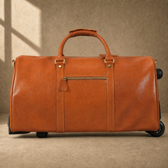 Cognac rolling travel duffel, rear view with exterior zip pocket