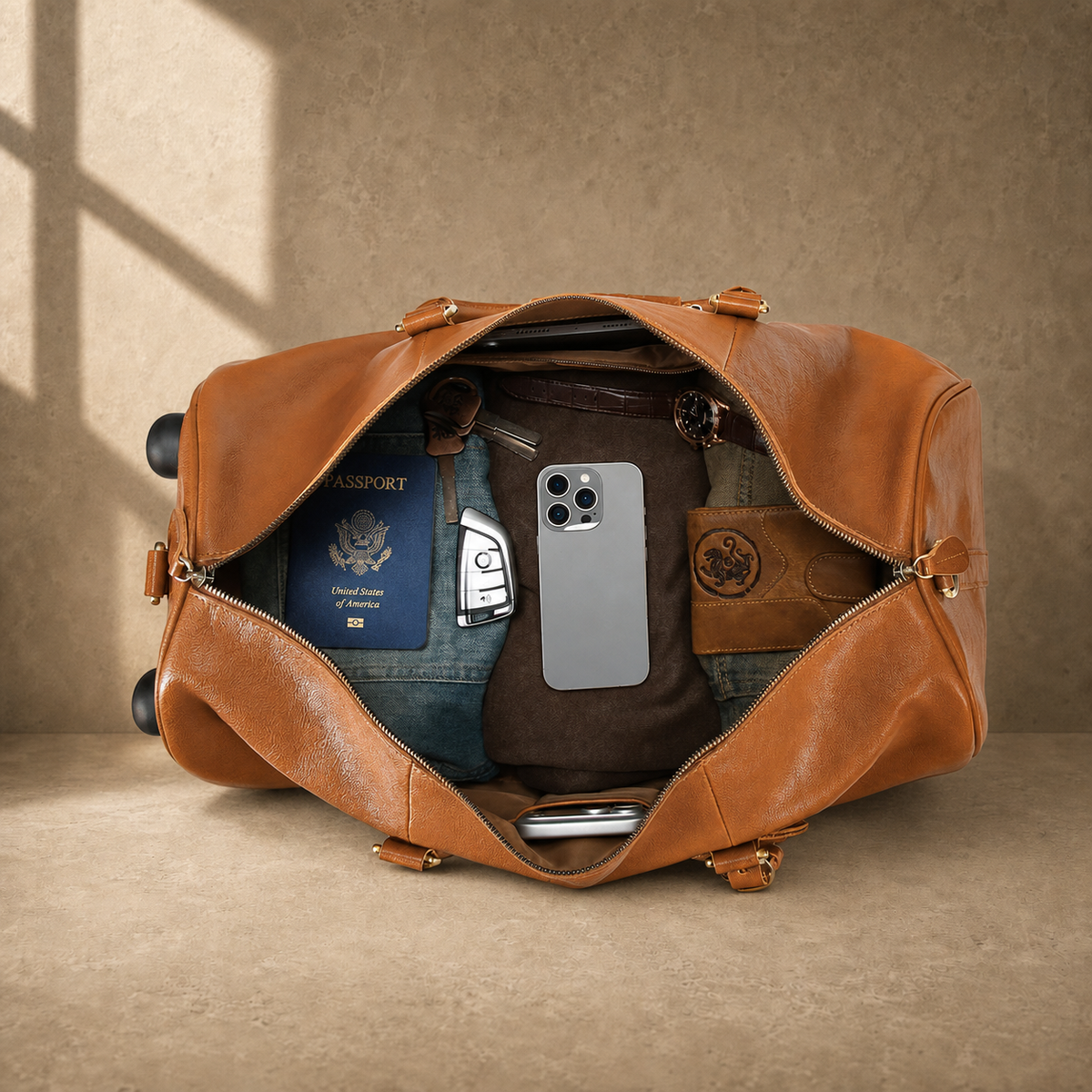Packed cognac leather rolling duffel showing travel capacity