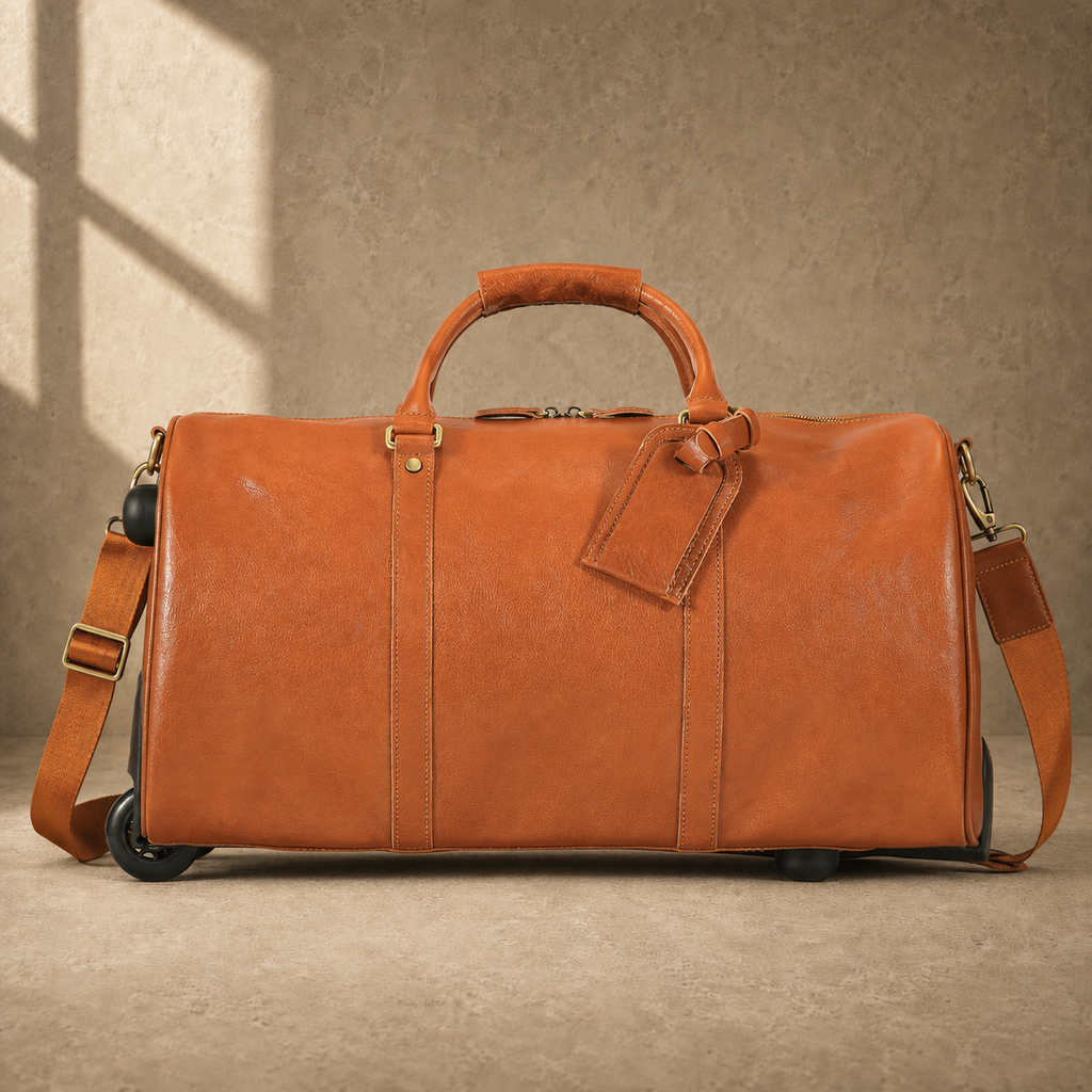 Cognac leather rolling travel duffel, front view with shoulder strap