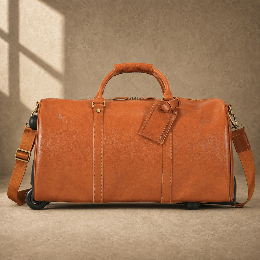 Cognac leather rolling travel duffel, front view with shoulder strap