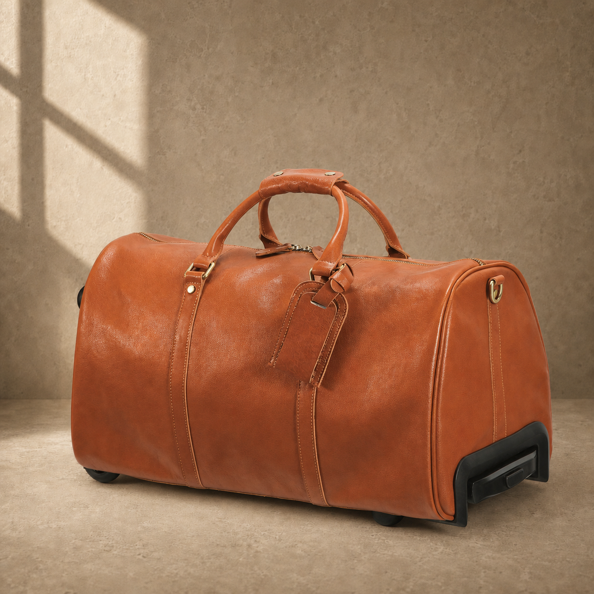 Cognac leather rolling travel duffel, three-quarter view