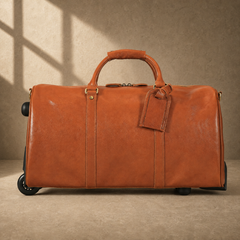 Cognac leather rolling weekender, clean front profile