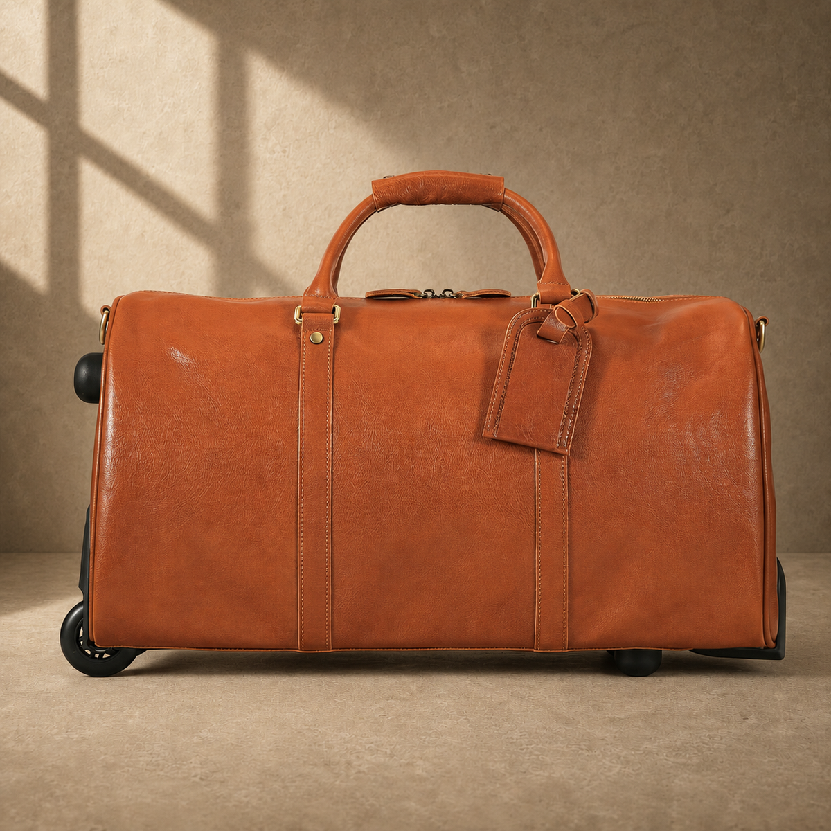 Cognac leather rolling weekender, clean front profile