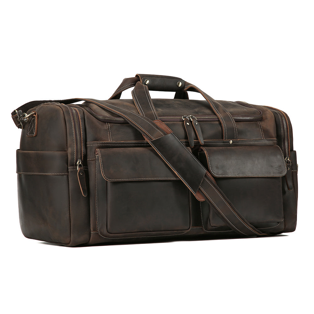 Three-quarter view of the extended coffee leather weekender