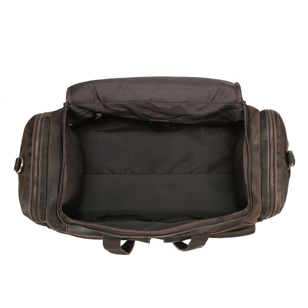 Open main compartment of the extended leather weekender