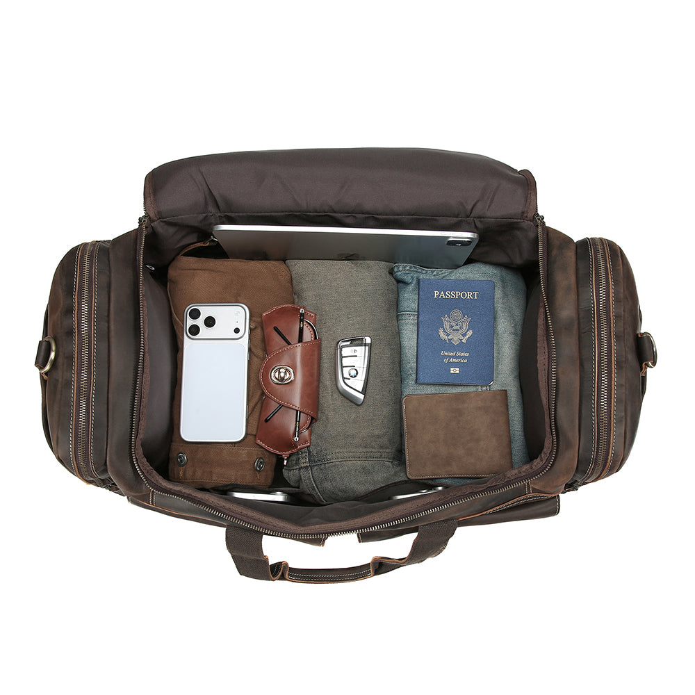 Top view of the main compartment packed with travel essentials