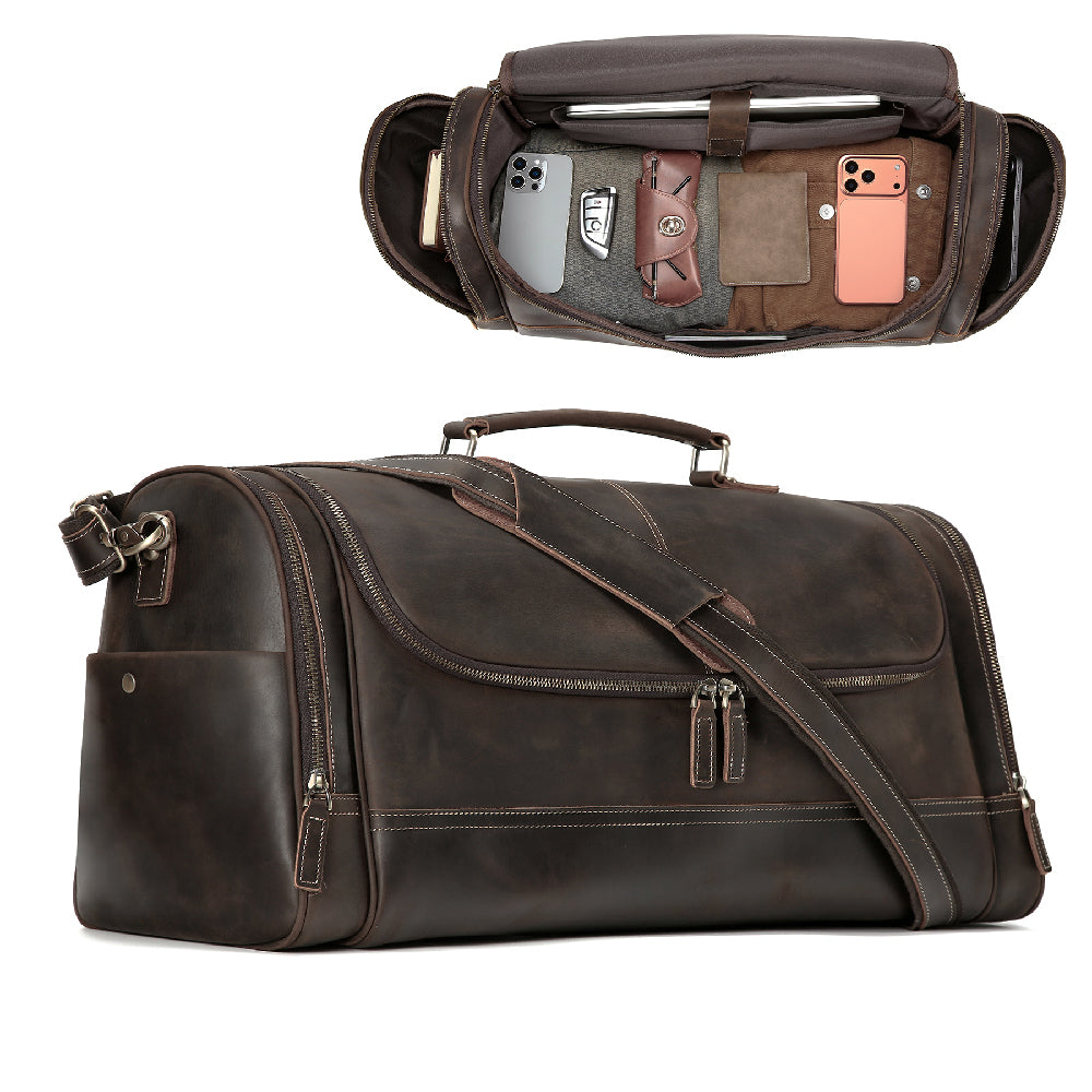 Front product view of The Porter Multi-Pocket Leather Duffle