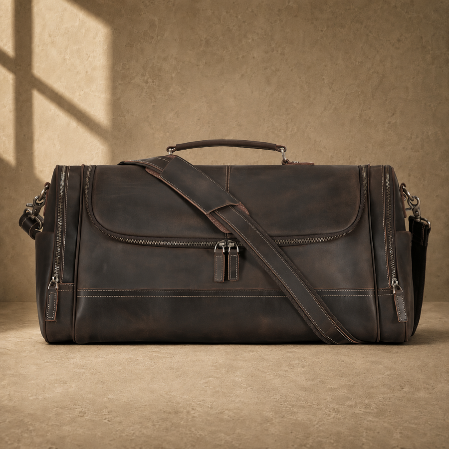 Brown leather business travel duffel, front view with shoulder strap