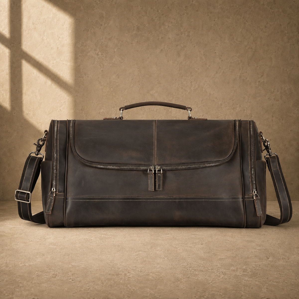 Brown leather business travel duffel, front view