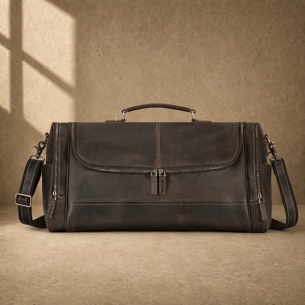 Brown leather business travel duffel, front view