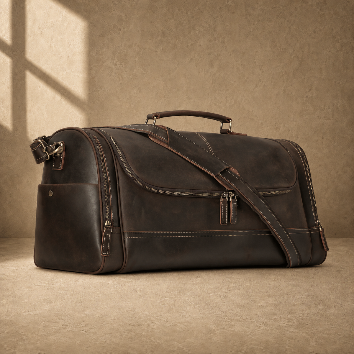 Brown leather business travel duffel, three-quarter view