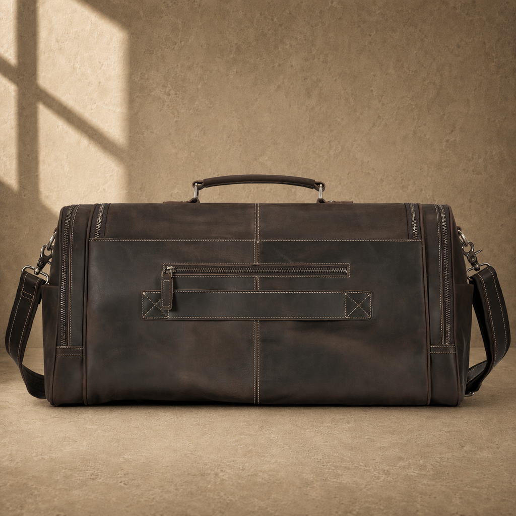 Brown leather business travel duffel, rear view