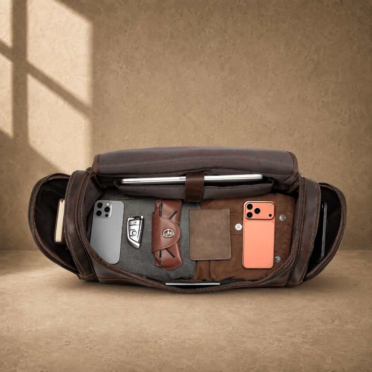 Brown leather business travel duffel showing organized capacity