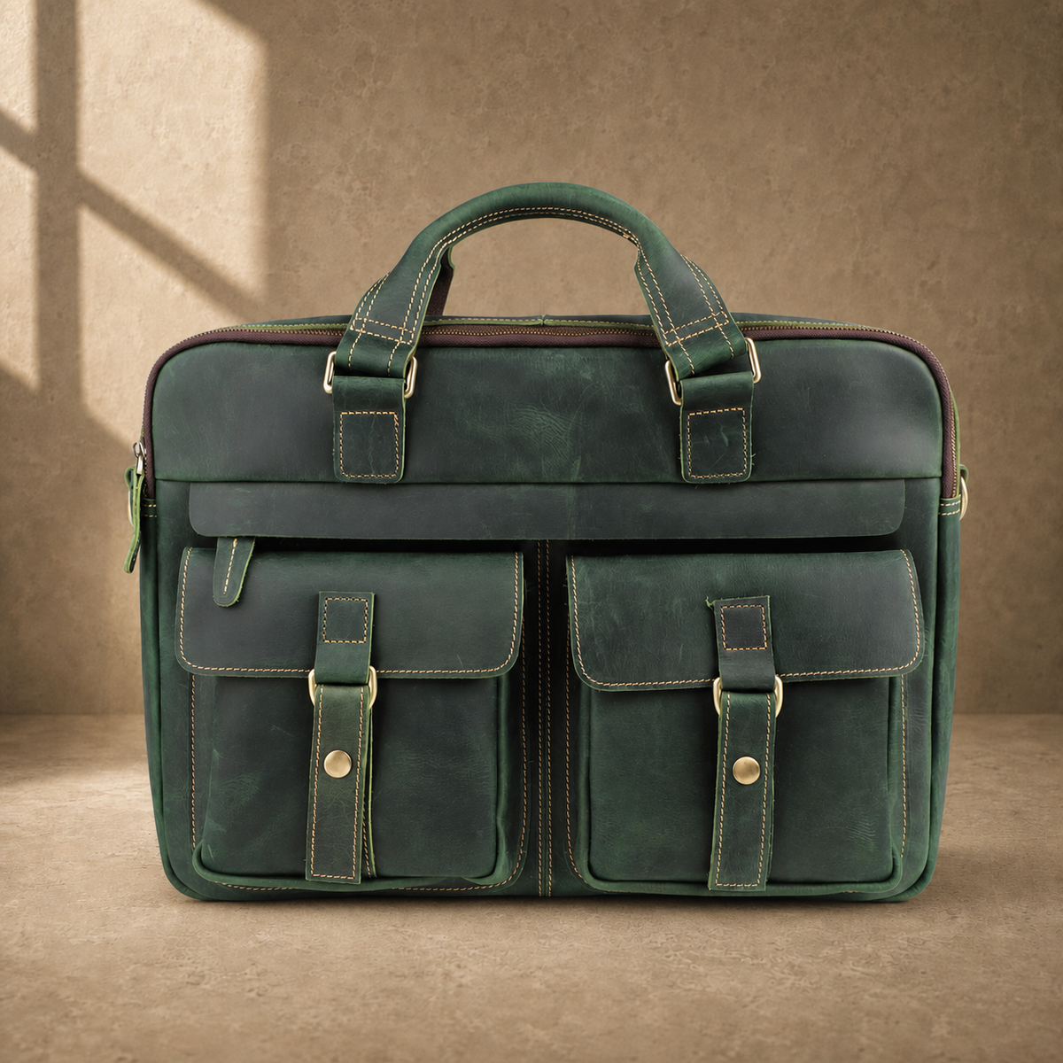 Vintage green leather work briefcase, straight front view