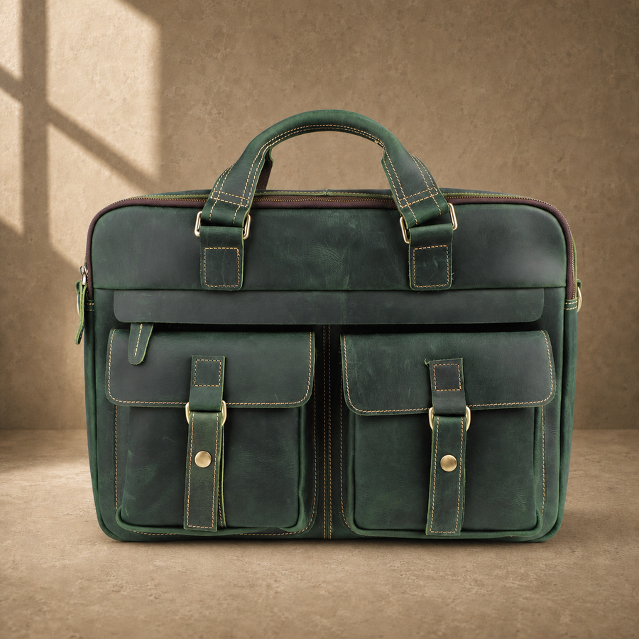 Vintage green leather work briefcase, straight front view