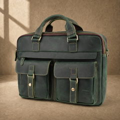 Vintage green leather work briefcase, three-quarter front view