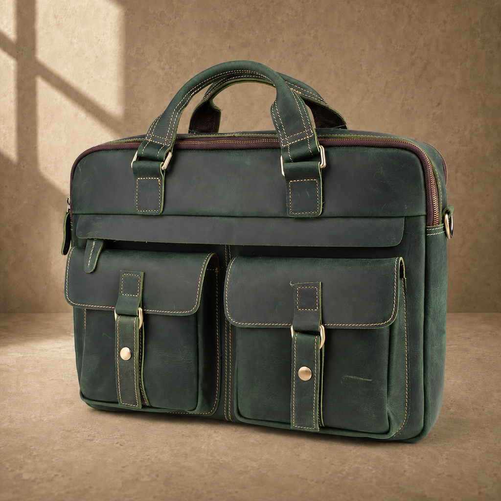 Vintage green leather work briefcase, three-quarter front view