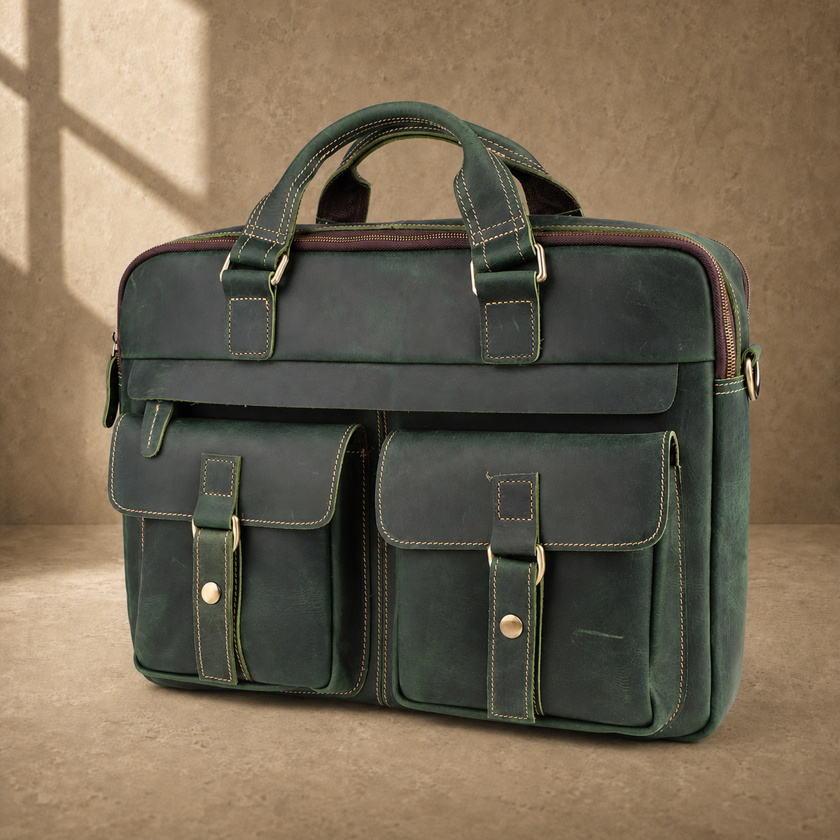 Vintage green leather work briefcase, three-quarter front view