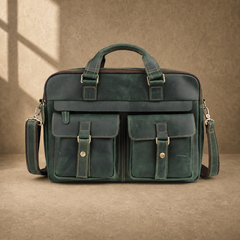 Vintage green leather work briefcase with shoulder strap, front view