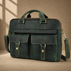 Vintage green leather work briefcase with shoulder strap, angled view