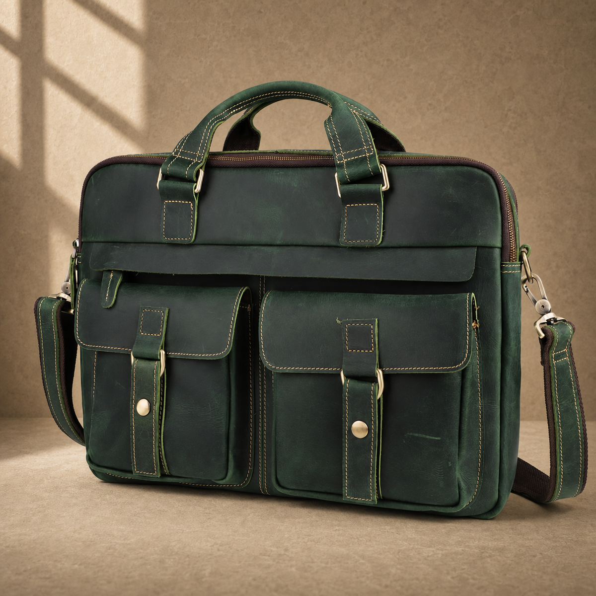 Vintage green leather work briefcase with shoulder strap, angled view