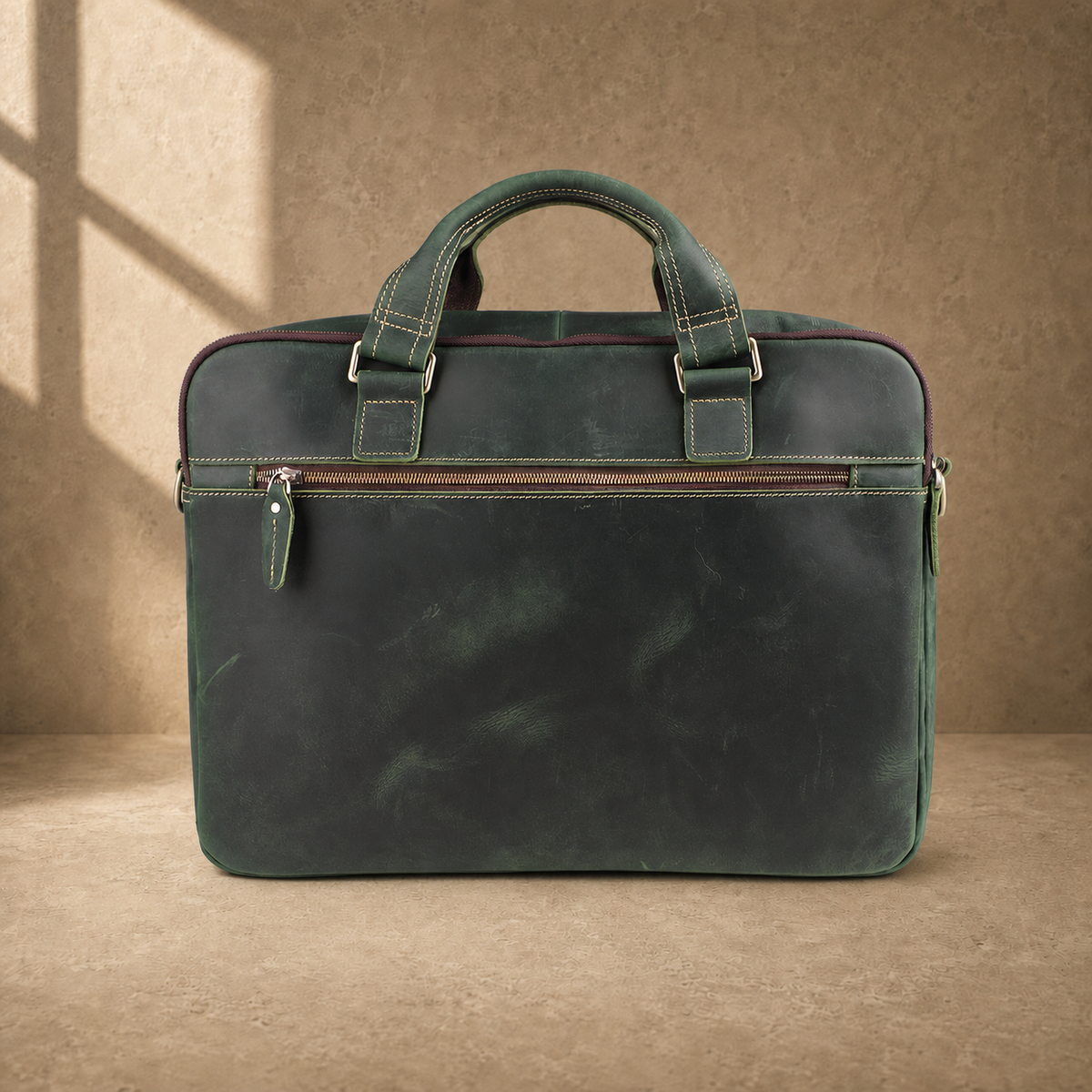 Vintage green leather work briefcase, rear zipper view