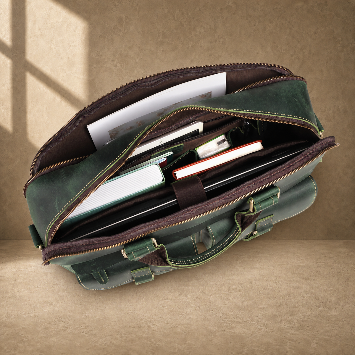 Vintage green leather work briefcase, packed interior capacity
