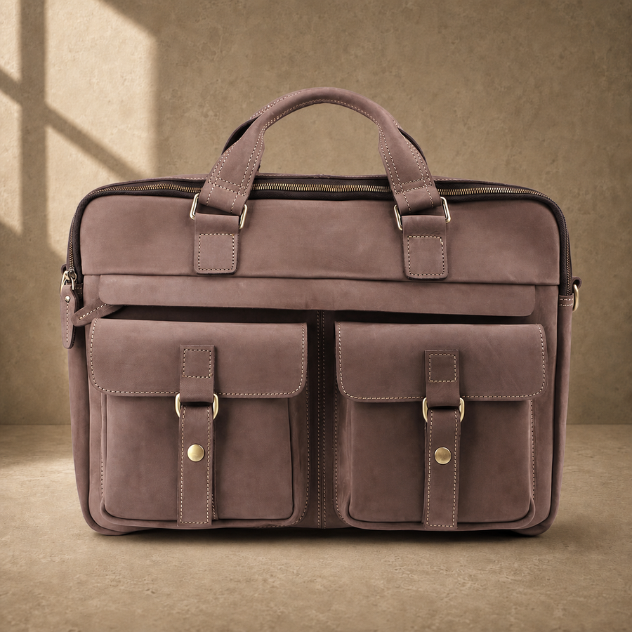 Khaki dual pocket business briefcase, clean front view