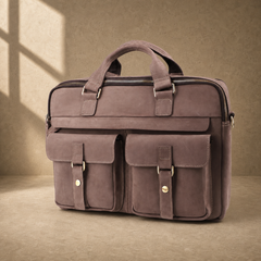 Khaki dual pocket business briefcase, three-quarter front view