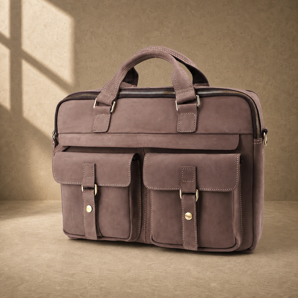 Khaki dual pocket business briefcase, three-quarter front view